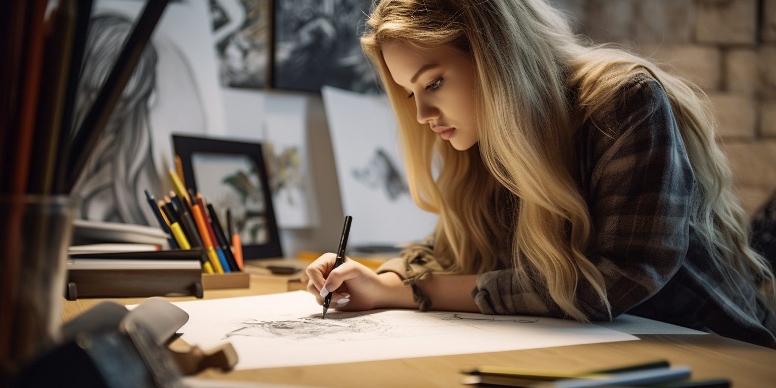 Young woman writing sketching on paper, designing a brand identity